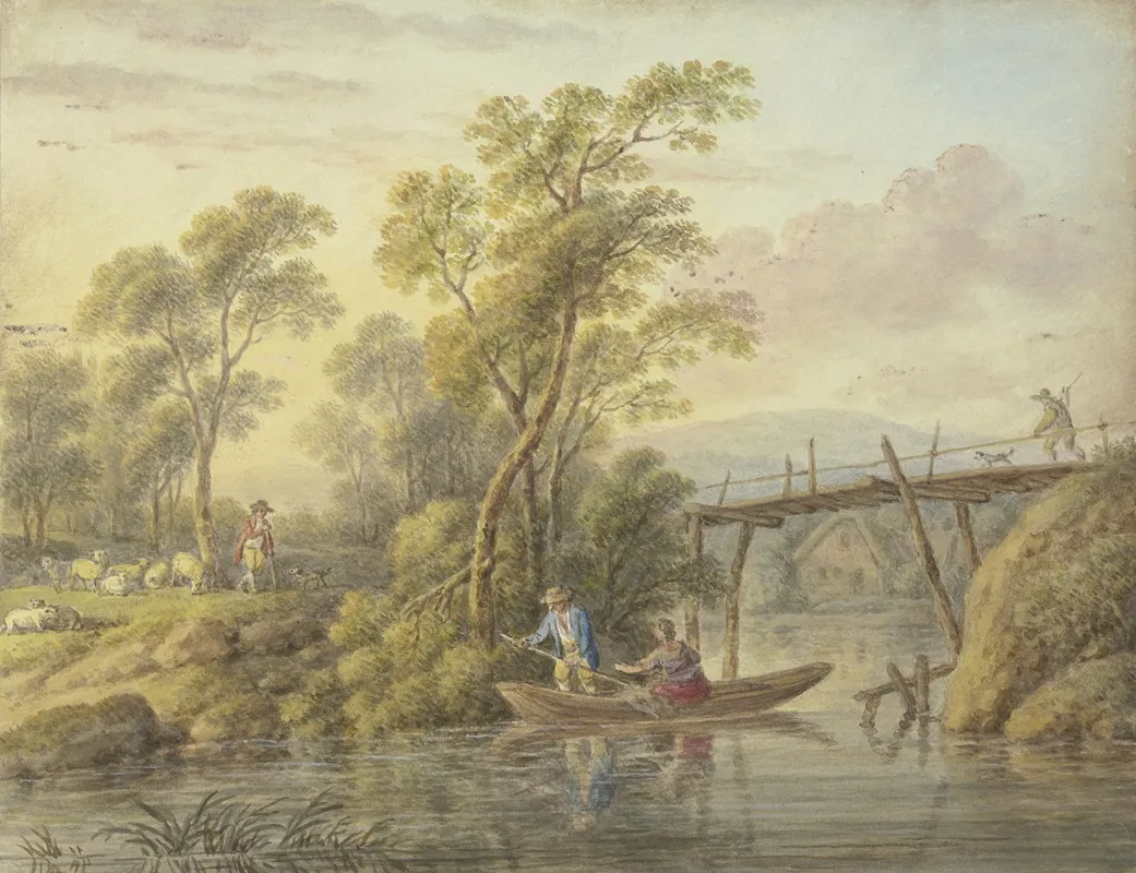 Landschaft Mit Einem Bach Uber Den Eine Holzerne Brucke Fuhrt