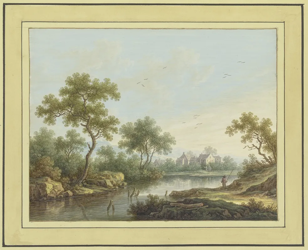 Landschaft Mit Einem Flus An Dessen Von Baumen Bestandenem Ufer Rechts Ein Angler Steht