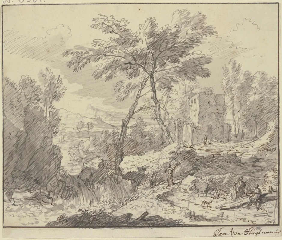 Landschaft Mit Einem Wasserfall Rechts An Einem Baumstamm Zwei Figuren