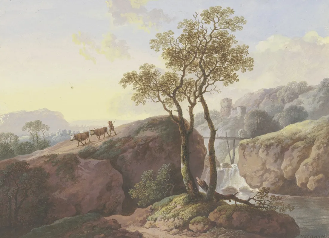 Landschaft Mit Einem Wasserfall Uber Den Ein Steg Fuhrt Links Treibt Ein Bauer Zwei Kuhe Zu Tal Im Hintergrund Eine Ruine Wall Art by Maria Dorothea Wagner - High-Resolution Digital Print
