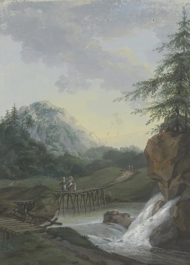 Landschaft Mit Einem Wasserfall Und Einem Steg Auf Dem Zwei Frauen Und Ein Kind Gehen Wall Art by Louise von Panhuys - High-Resolution Digital Print