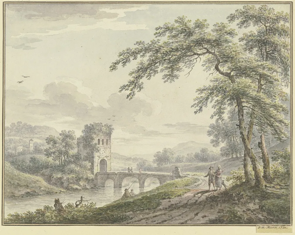 Landschaft Mit Einer Brucke Und Turm Rechts Unter Einem Baum Ein Paar Mit Einem Hund Wall Art by Johann Heinrich Müntz - High-Resolution Digital Print