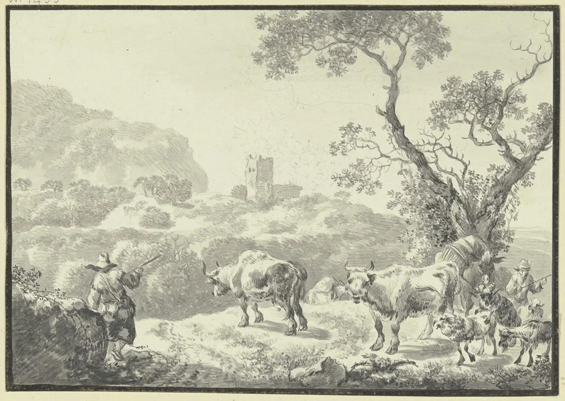 Landschaft Mit Einer Burgruine Zwei Hirten Fuhren Ihre Viehherde Von Rechts Herbei