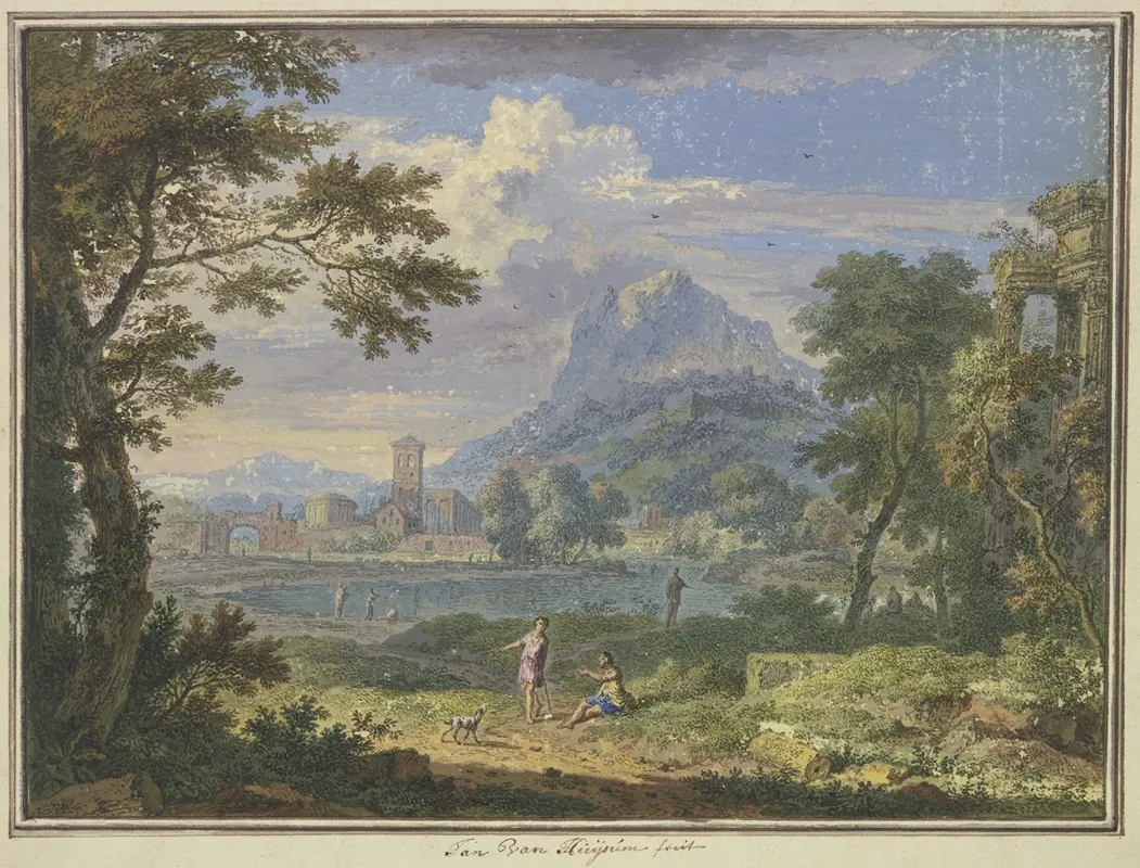 Landschaft Mit Einer Italienischen Stadt Bei Einem Hohen Berg Rechts Die Ruine Eines Tempels Im Vordergrund Zwei Figuren Und Ein Hund
