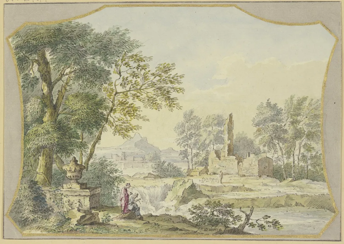 Landschaft Mit Einer Ruine Links Bei Einer Vase Unter Baumen Zwei Figuren Wall Art by Jacob van de Velde - High-Resolution Digital Print