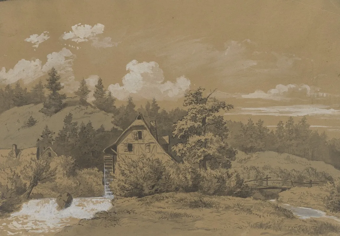 Landschaft Mit Fachwerkhaus Und Kaskade Wall Art by Karl Roux - High-Resolution Digital Print
