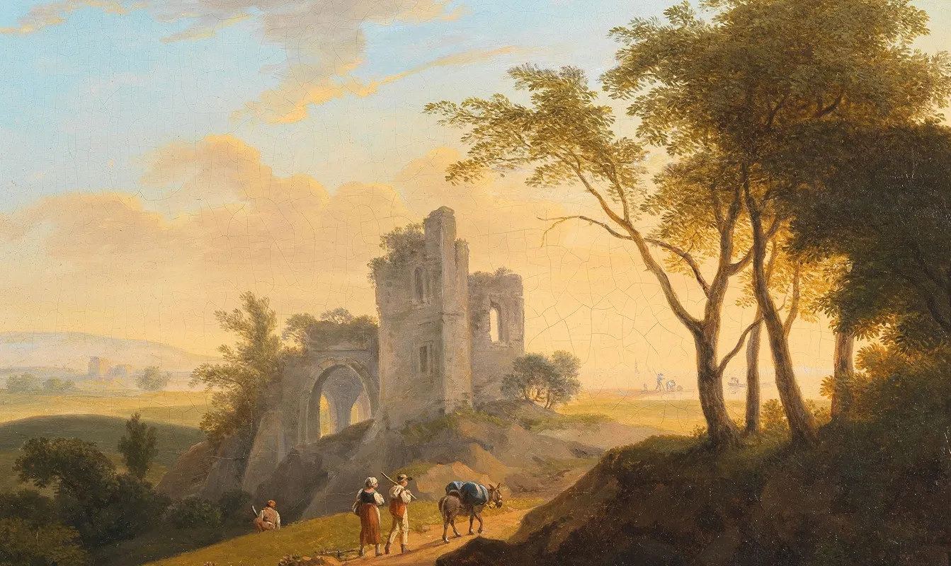 Landschaft Mit Ruine Und Wanderern