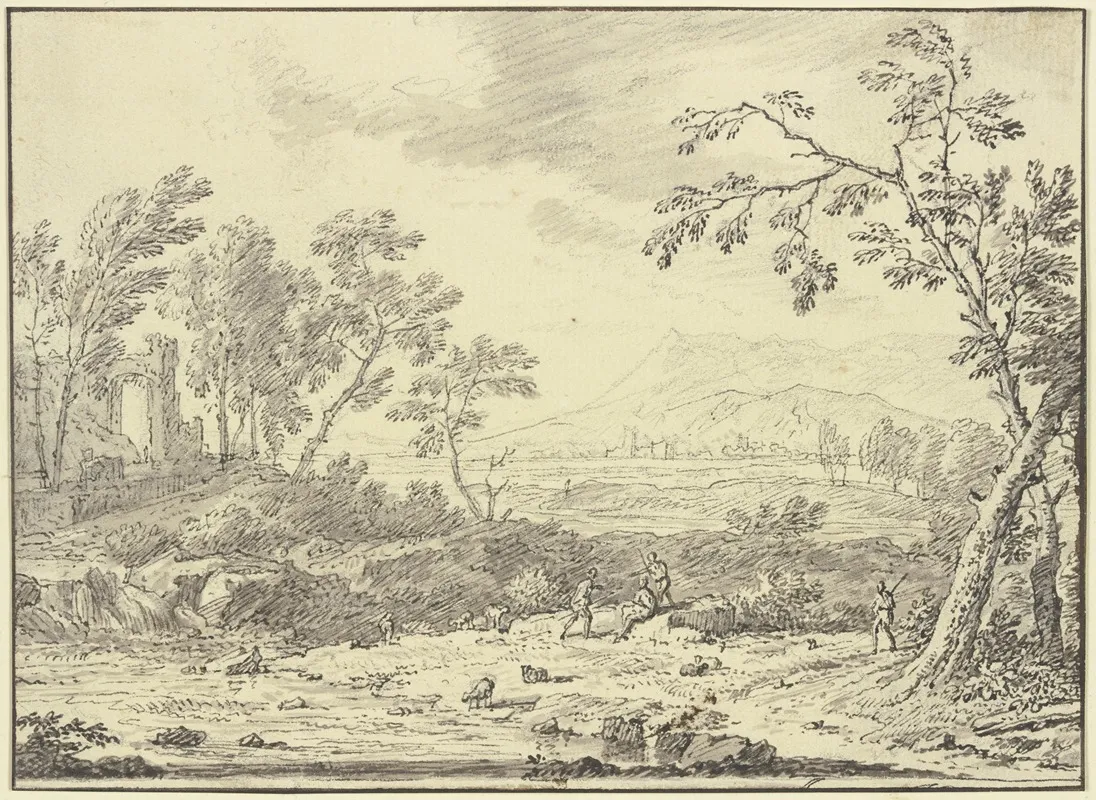 Landschaft Mit Ruinen Vorne Ein Hirte Bei Schafen