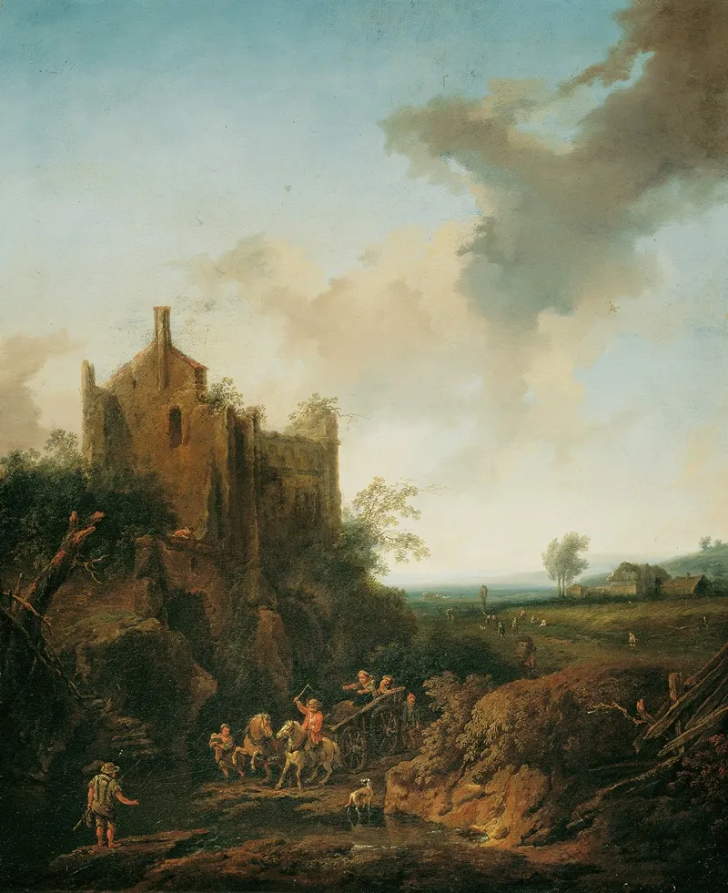 Landschaft Mit Schlossruine Und Pferdewagen Wall Art by Christian Hilfgott Brand - High-Resolution Digital Print