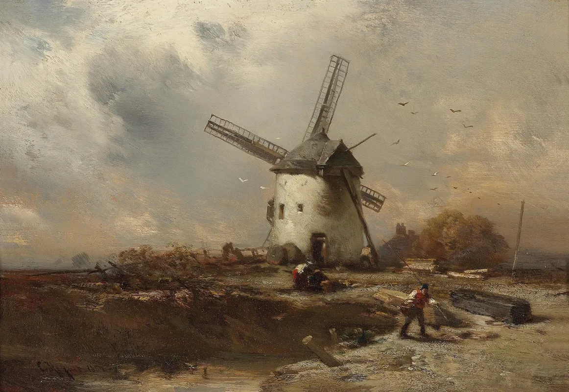 Landschaft Mit Windmuhlen Und Figurlicher Staffage