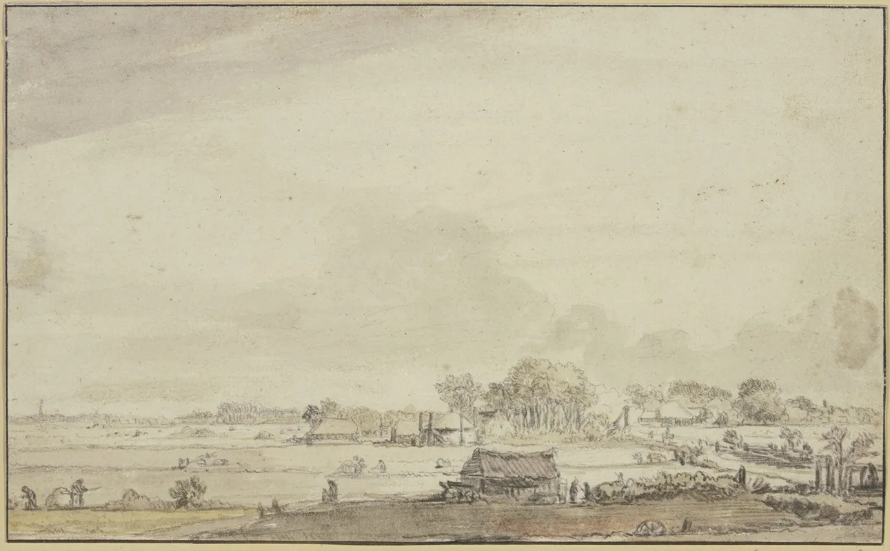Landschaft Mit Zerstreuten Hutten Links Sind Leute Mit Der Ernte Beschaftigt