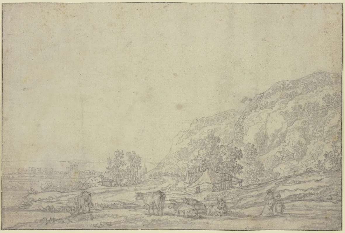 Landschaft Mit Zwei Hutten Rechts Hohe Berge Vorne Funf Kuhe Wall Art by Aelbert Cuyp - High-Resolution Digital Print
