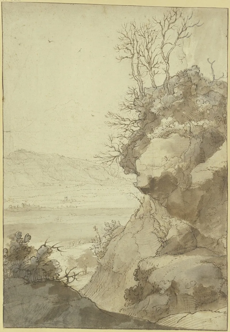 Landschaft Rechts Eine Grose Felspartie Mit Durren Baumen