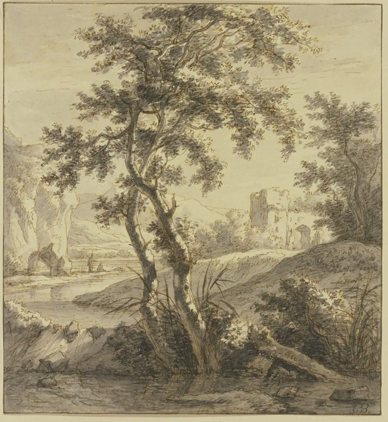 Landschaft Vorne Zwei Baume Rechts Eine Ruine Links Ein Wasser Und Felsen