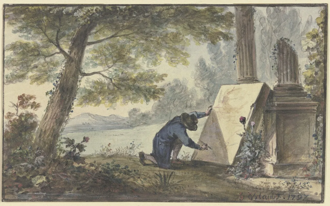Landschaftsmaler Beim Malen Unter Einem Baum Bei Zwei Saulenfragmenten Wall Art by Georg Karl Urlaub - High-Resolution Digital Print
