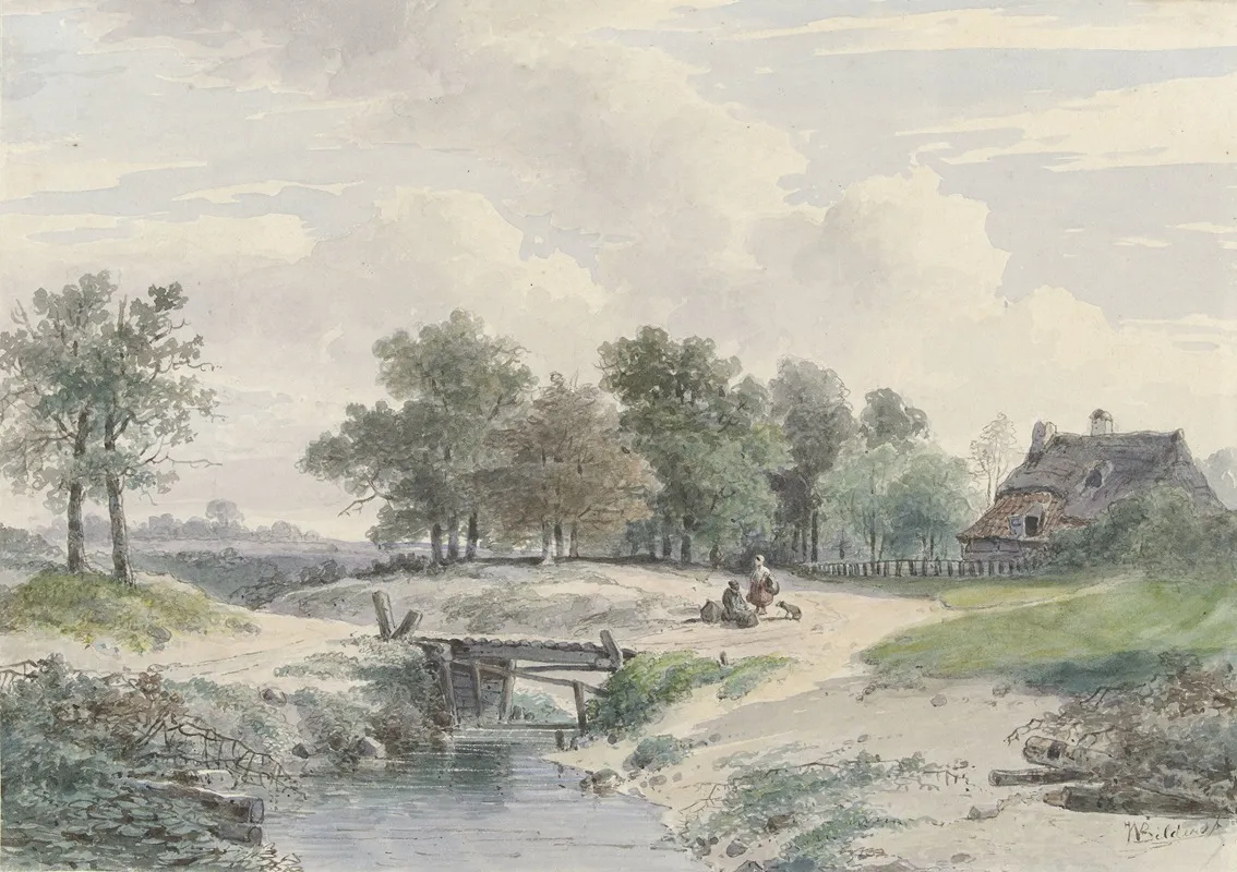 Landschap Met Bruggetje En Figuren Voor Een Boerderij Wall Art by Johannes Warnardus Bilders - High-Resolution Digital Print