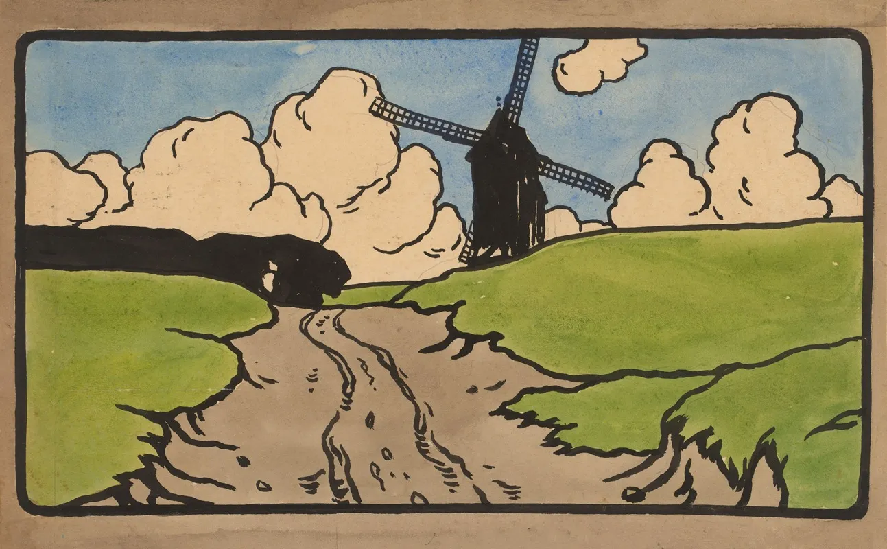 Landschap Met Een Molen Langs Een Weg Wall Art by Emmanuel Vierin - High-Resolution Digital Print