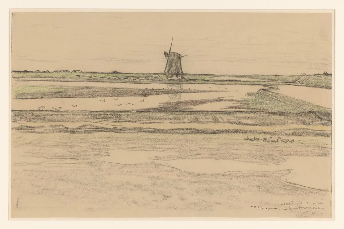 Landschap Met Poldermolen Het Noorden In Polder Het Noorden Op Texel