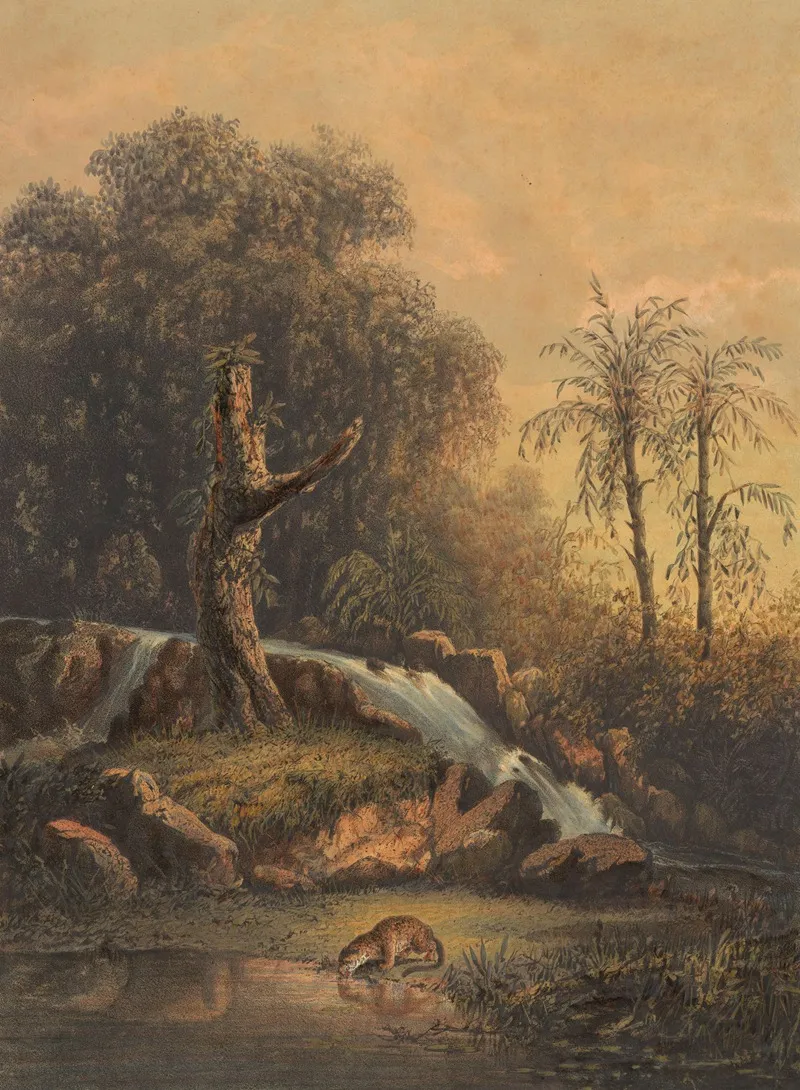 Landschap Met Waterval En Drinkend Luipaard Woest Landschap Oosthoek Van Java Wall Art by Johan Conrad Greive - High-Resolution Digital Print