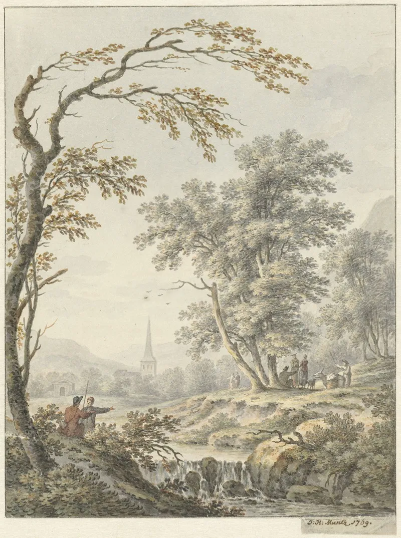 Landschap Met Waterval En In De Verte Een Kerk Wall Art by Johann Heinrich Müntz - High-Resolution Digital Print