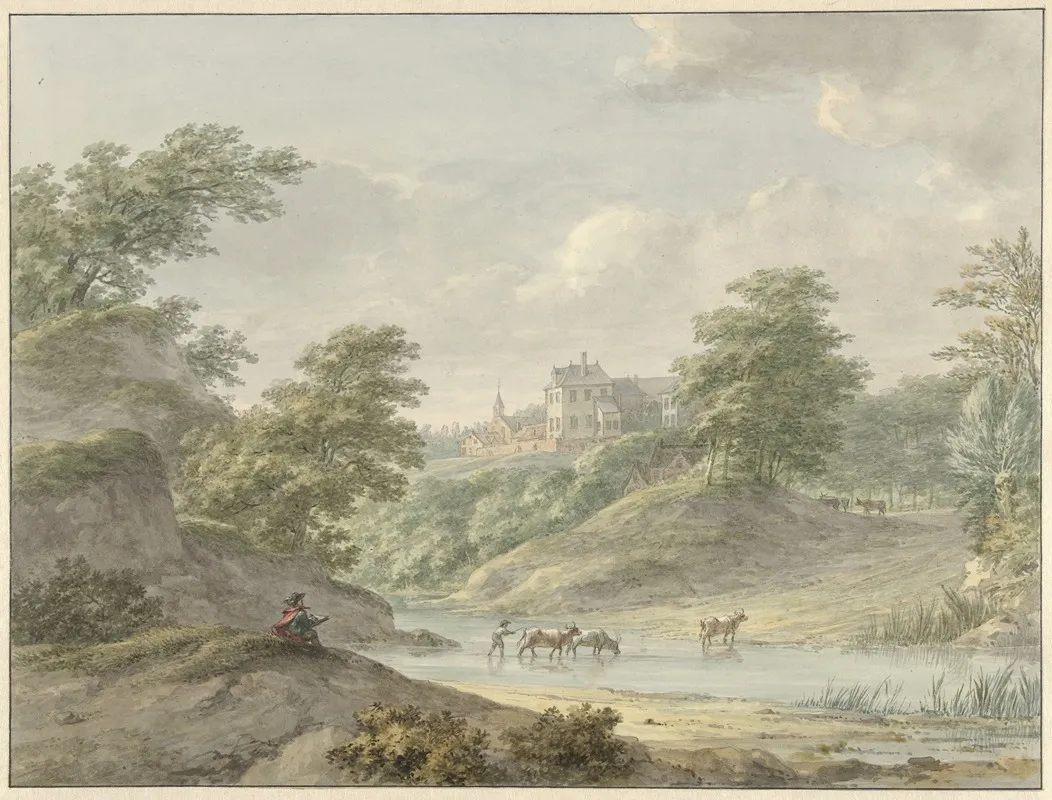 Landschap Met Zittende Tekenaar En Kasteel Aan Water