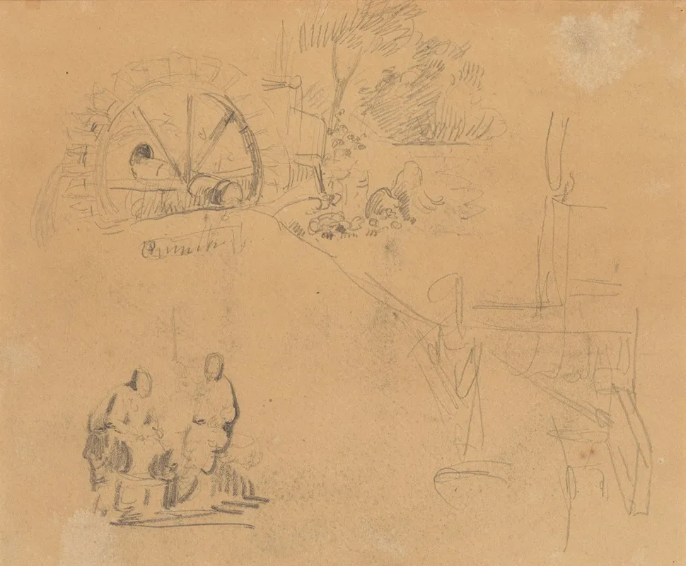 Landschapsfragment Met Waterrad En Twee Figuren