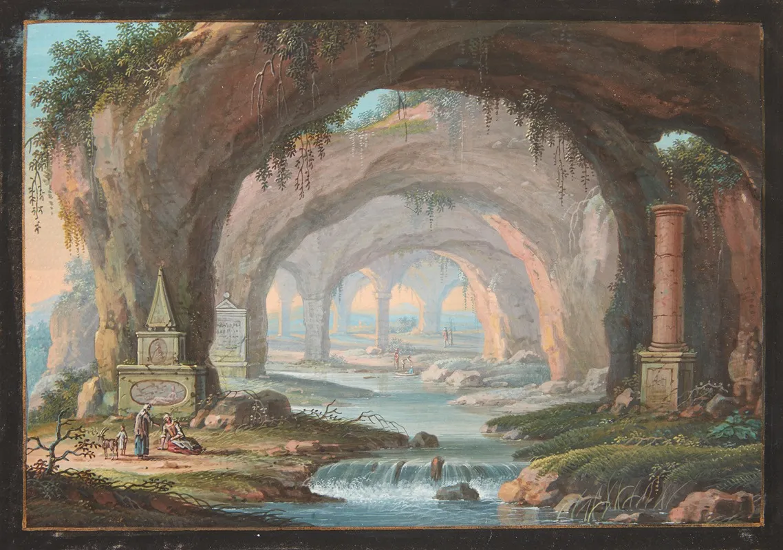 Landskab Med Gennembrudte Grotter Gravmonumenter En Flod Og Figurer Wall Art by Margaretha Barbara Dietzsch - High-Resolution Digital Print