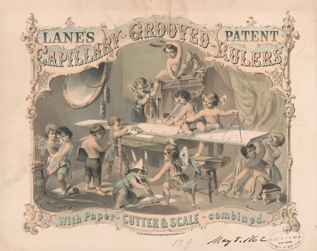 Lanes Patent Capillary Grooved Rulers With Paper Cutter Scale Combined Wall Art by Sarony, Major &amp; Knapp Lith. - High-Resolution Digital Print