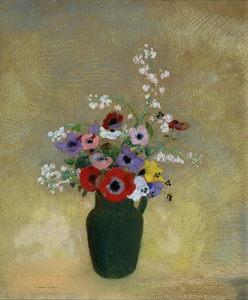 Large Green Vase With Mixed Flowers Wall Art by Odilon Redon - High-Resolution Digital Print