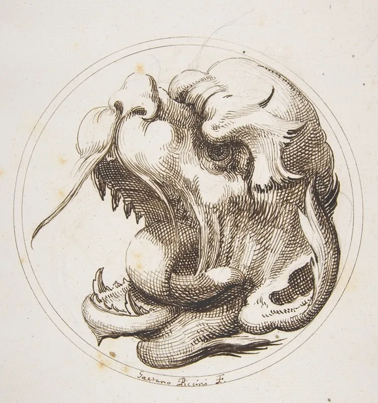 Large Grotesque Head With An Open Mouth Looking To The Left Within A Frame