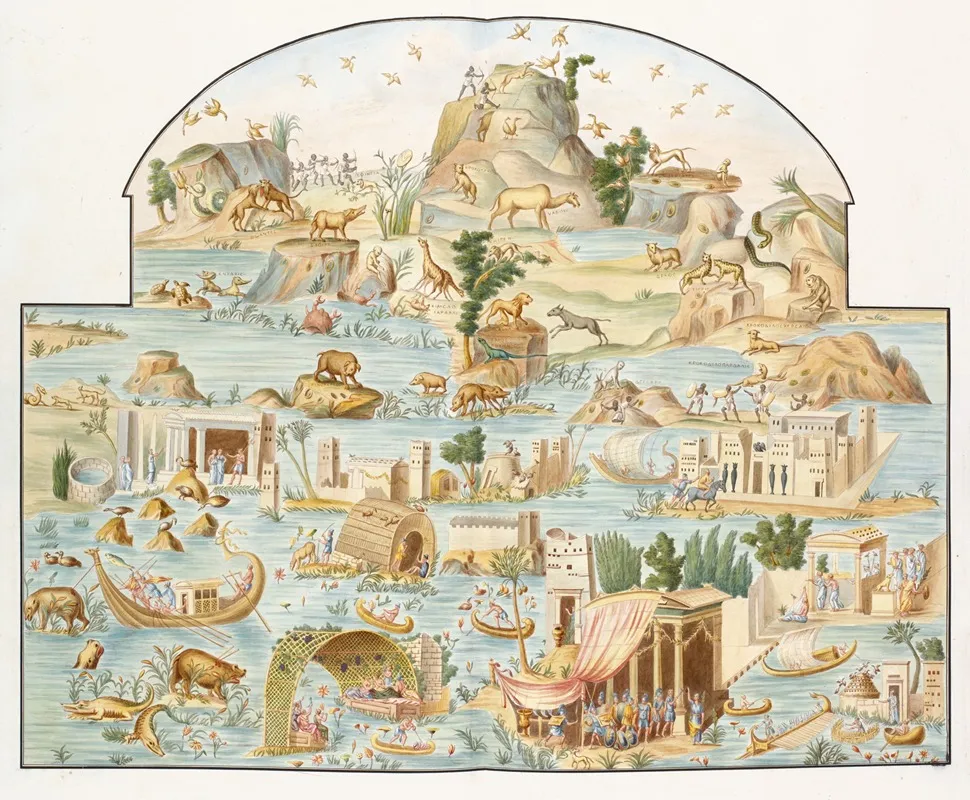 Large River Scene Of Various Animals And People On Islands At Various Activities Wall Art by Pierre-Jean Mariette - High-Resolution Digital Print