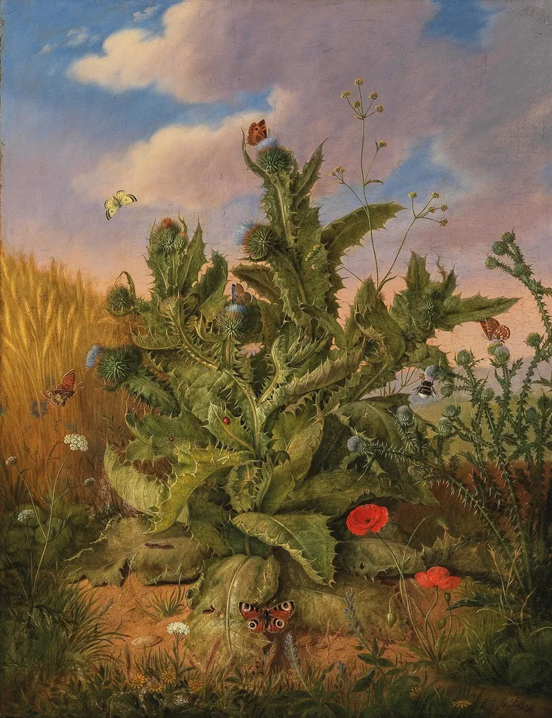 Large Still Life Of Thistle With Meadow Flowers And Butterflies Wall Art by Georg Seitz - High-Resolution Digital Print
