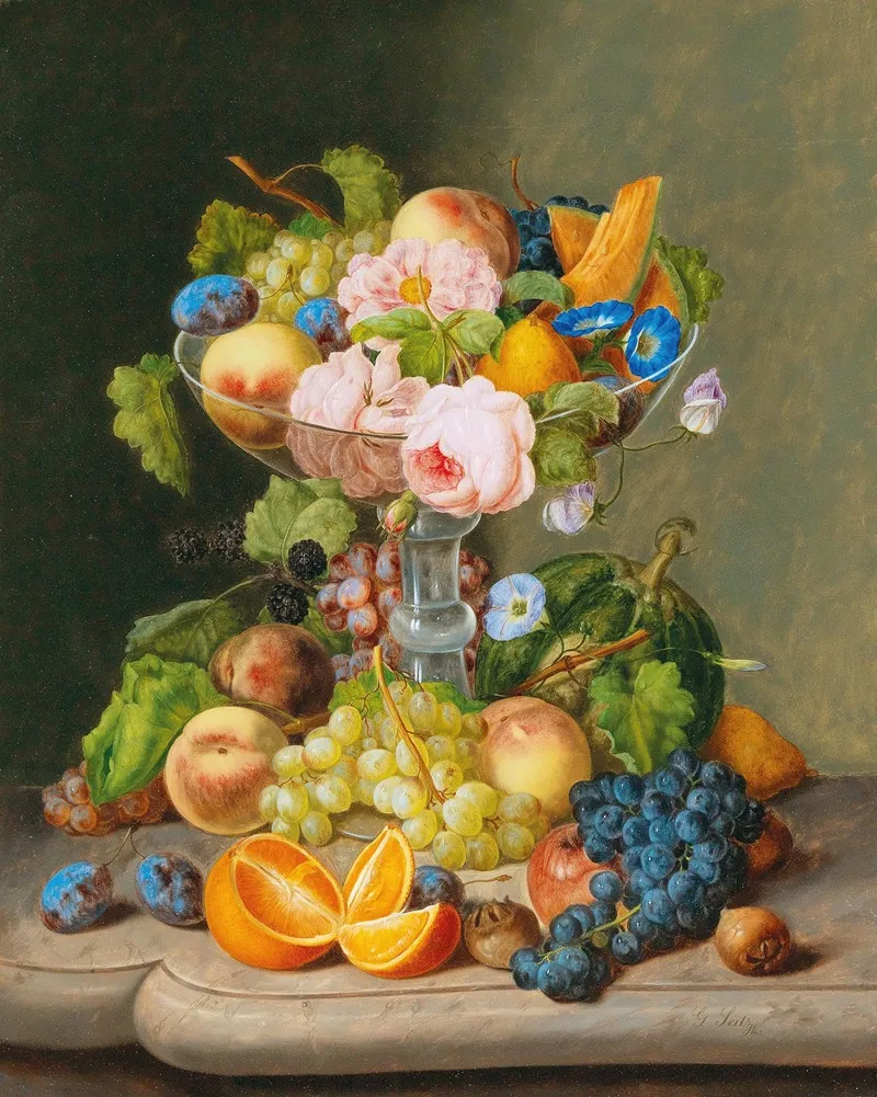 Large Still Life With Flowers And Fruit Wall Art by Johann Georg Seitz - High-Resolution Digital Print