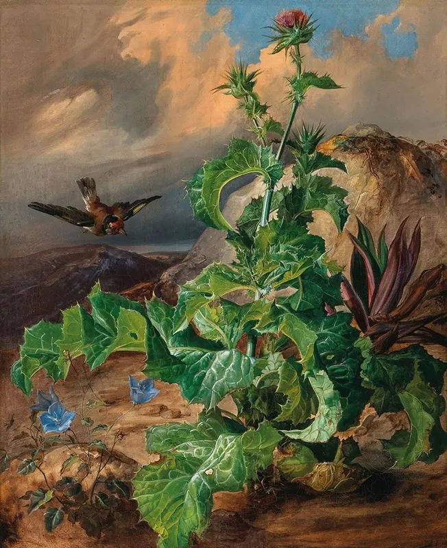Large Thistle Still Life With Goldfinch Wall Art by Franz Xaver Gruber - High-Resolution Digital Print