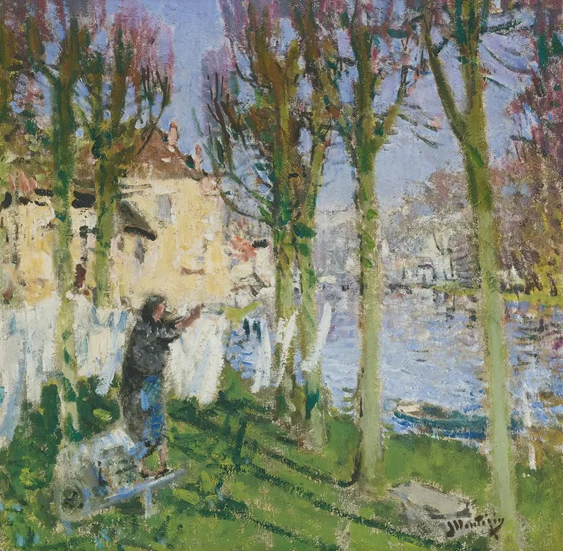 Lavandiere Etendant Son Linge