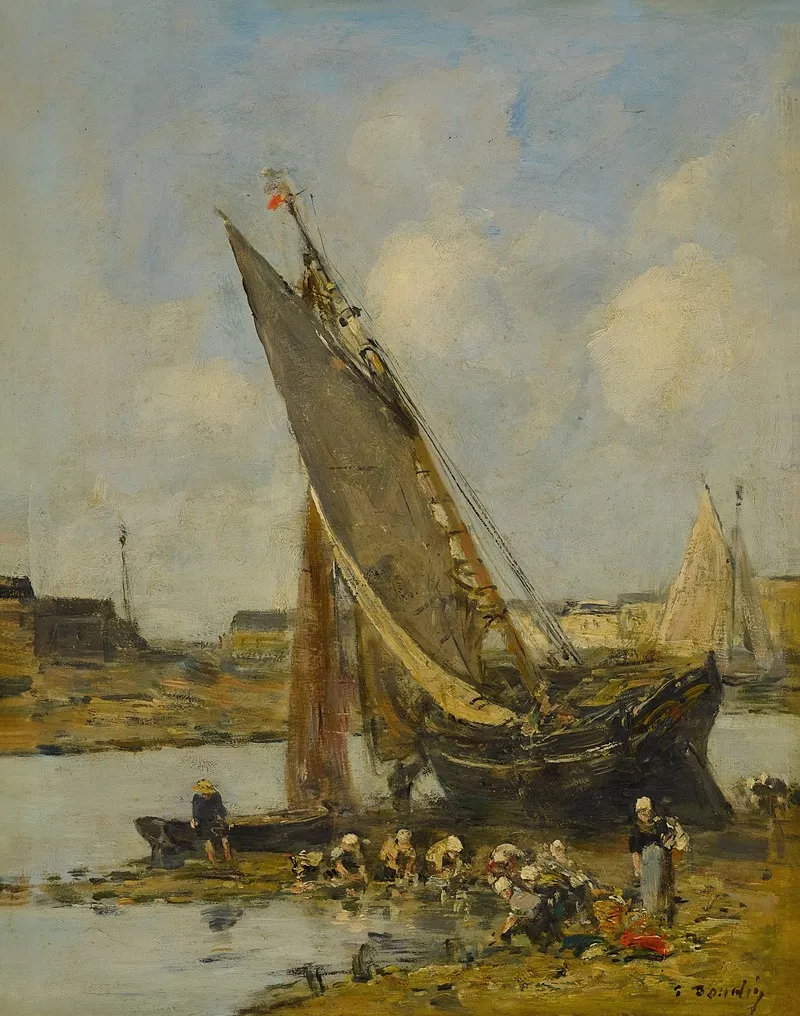 Laveuses Pres Dun Bateau Echoue Le Long Du Port De Trouville Maree Basse Wall Art by Eugène Boudin - High-Resolution Digital Print