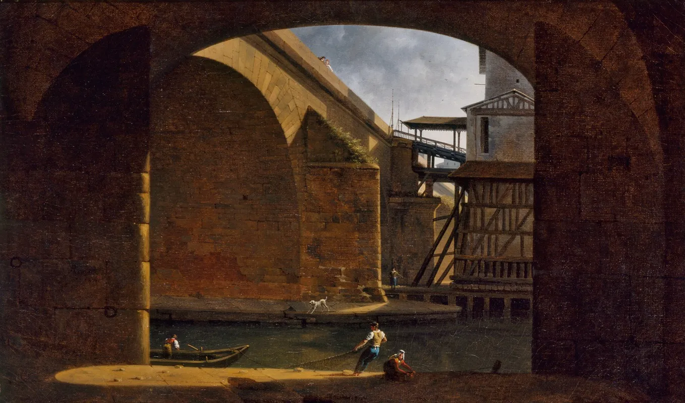 Le Pont Et La Pompe Notre Dame Vus De La Voute Du Quai De Gesvres Wall Art by Auguste Jacques Régnier - High-Resolution Digital Print
