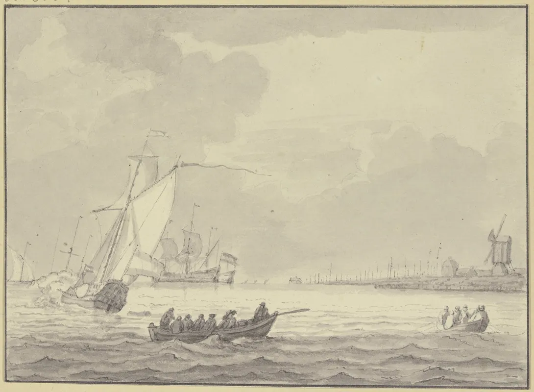 Leicht Bewegte See Rechts Ufer Mit Hafen Und Windmuhle Ruderboote Und Kanone