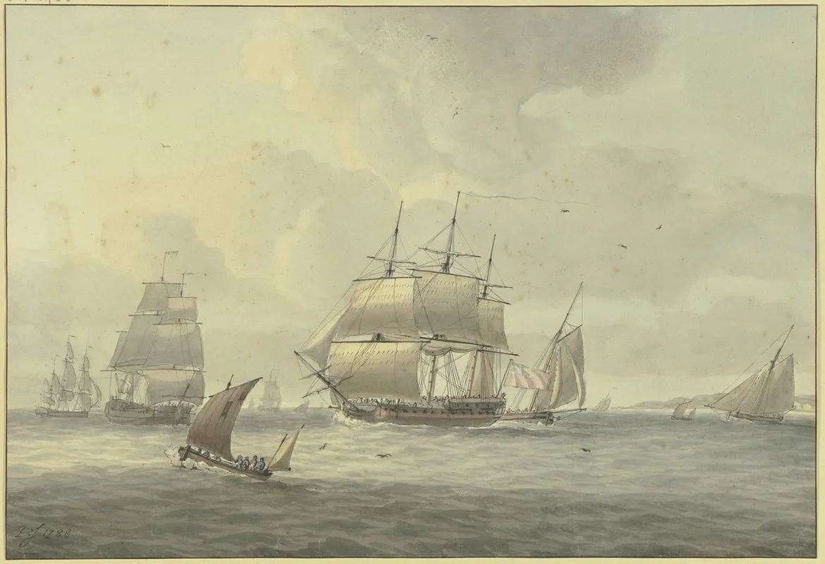 Leicht Bewegte See Unter Vielen Schiffen Ein Dreimaster Mit Vollen Segeln Nach Links Vorne Ein Segelboot