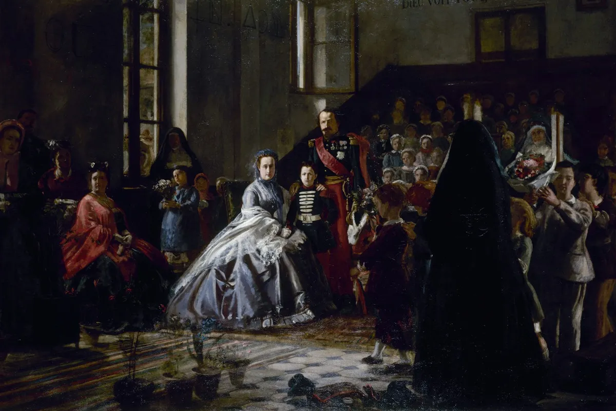 Lempereur Limperatrice Et Le Prince Imperial Visitant Une Salle Dasile A Fontainebleau Wall Art by Auguste Victor Pluyette - High-Resolution Digital Print