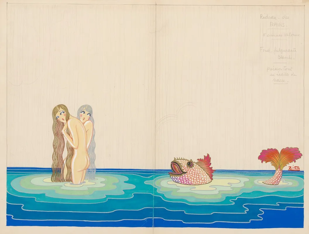Les Bains Maquette De Decor Rideaux Deux Baigneuses A Gauche Gros Poisson A Droite Wall Art by Zig (Louis Gaudin) - High-Resolution Digital Print