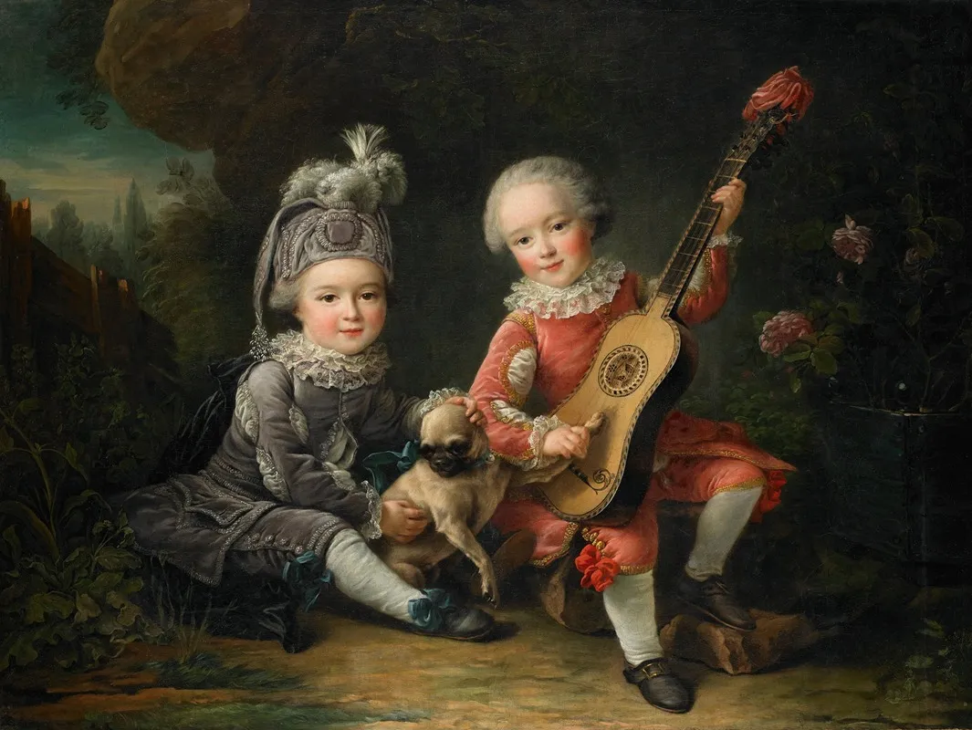 Les Portraits De Mm De Bethune Jouant Avec Un Chien Portraits Of Marquis Bethunes Children Playing With A Dog Wall Art by François-Hubert Drouais - High-Resolution Digital Print