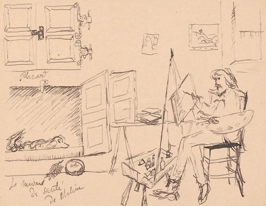 Letter To Maria Mickiewiczowna With A Drawing Self Portrait Of The Artist Painting A Picture At Their Workshop With The Ill Dog Malina Lying In Its Wall Art by Tadeusz Makowski - High-Resolution Digital Print