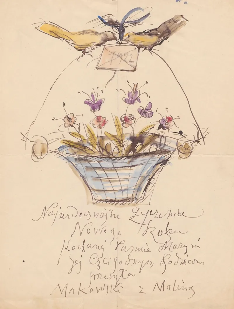 Letter With New Years Wishes For Maria Mickiewiczowna And Her Parents With A Drawing Showing A Basket With Flowers Carried By Two Little Birds Wall Art by Tadeusz Makowski - High-Resolution Digital Print