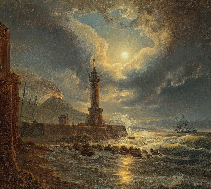 Leuchtturm Im Hafen Von Neapel Bei Mondschein