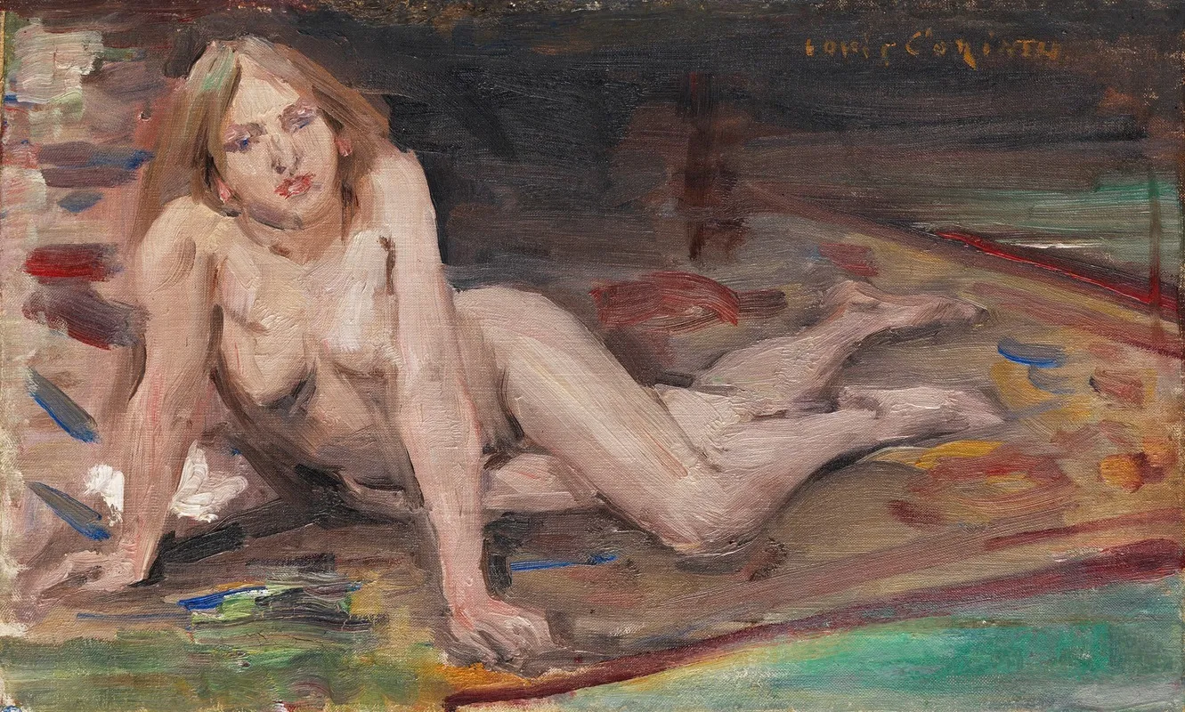 Liegender Blonder Madchenakt Auf Buntem Teppich Wall Art by Lovis Corinth - High-Resolution Digital Print