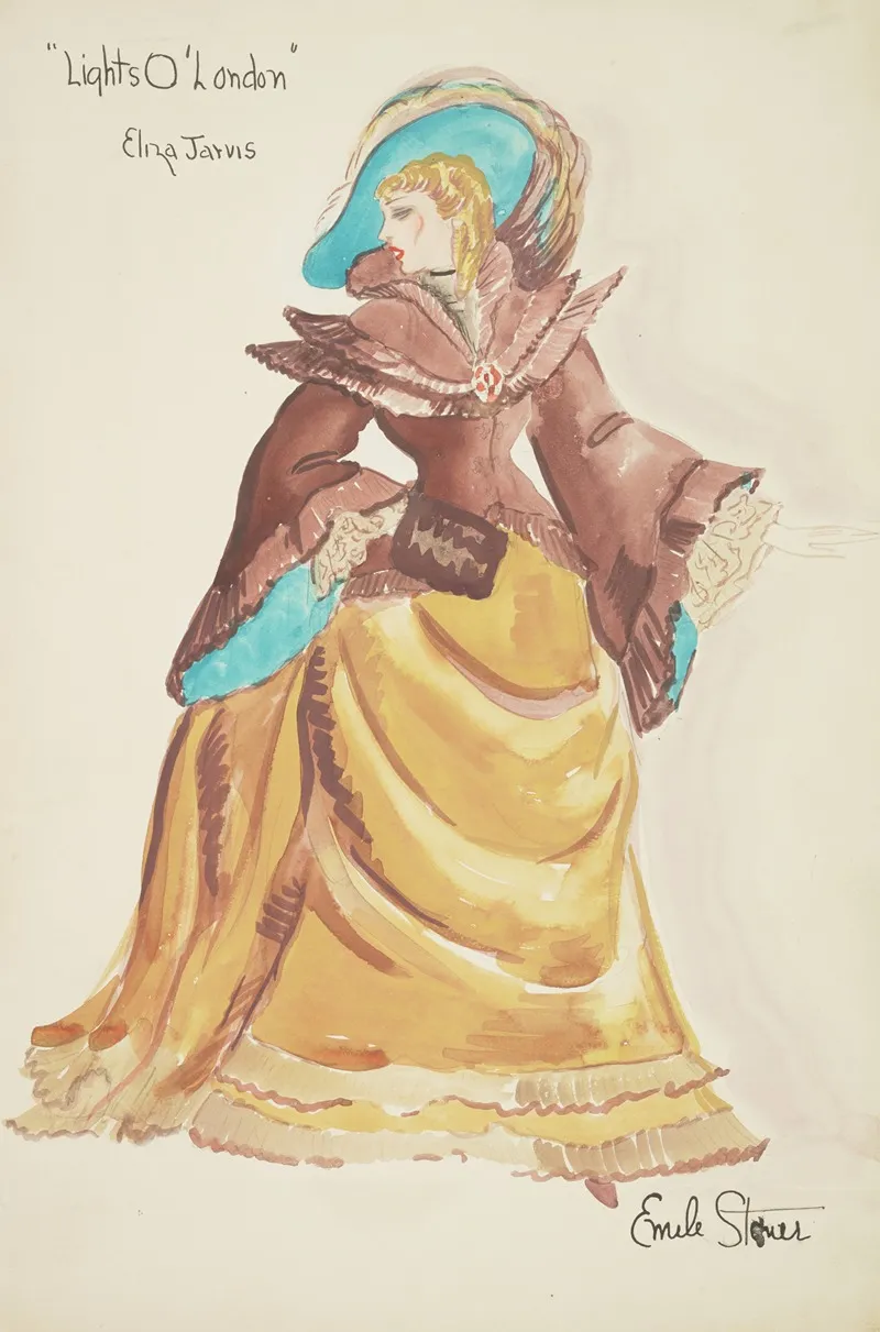 Lights O London Eliza Jarvis Yellow Skirt With Bustle Brown Teal Lined Coat Wall Art by Emile Stoner - High-Resolution Digital Print