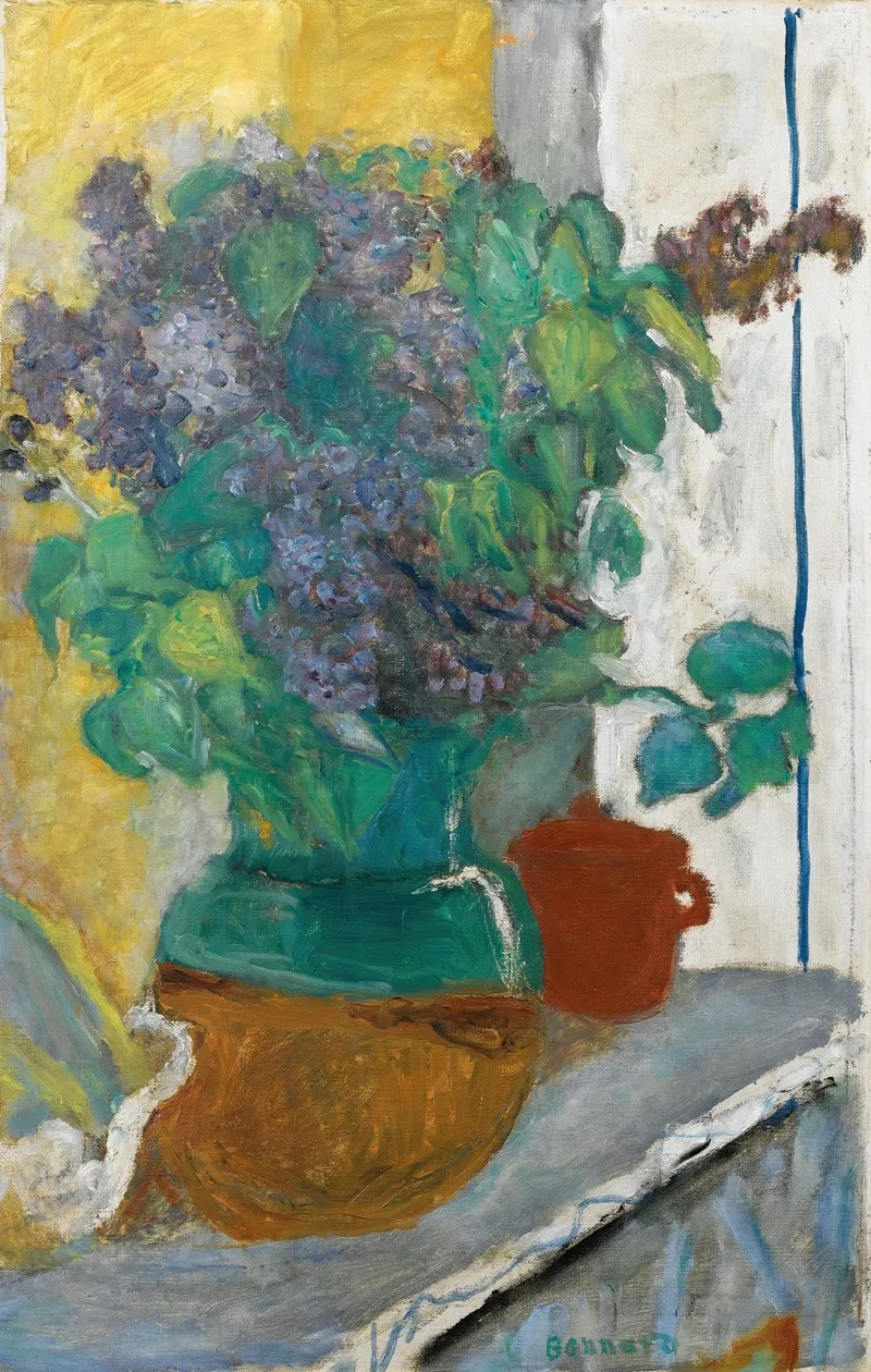 Lilas Mauve Dans Un Vase De Terre Jaune Et Vert Wall Art by Pierre Bonnard - High-Resolution Digital Print