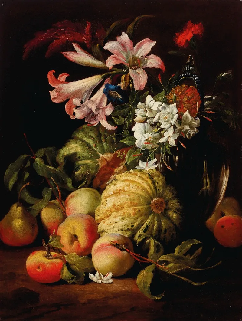 Lilies And Other Flowers In A Glass Vase With Peaches And Melons Wall Art by Abraham Brueghel - High-Resolution Digital Print