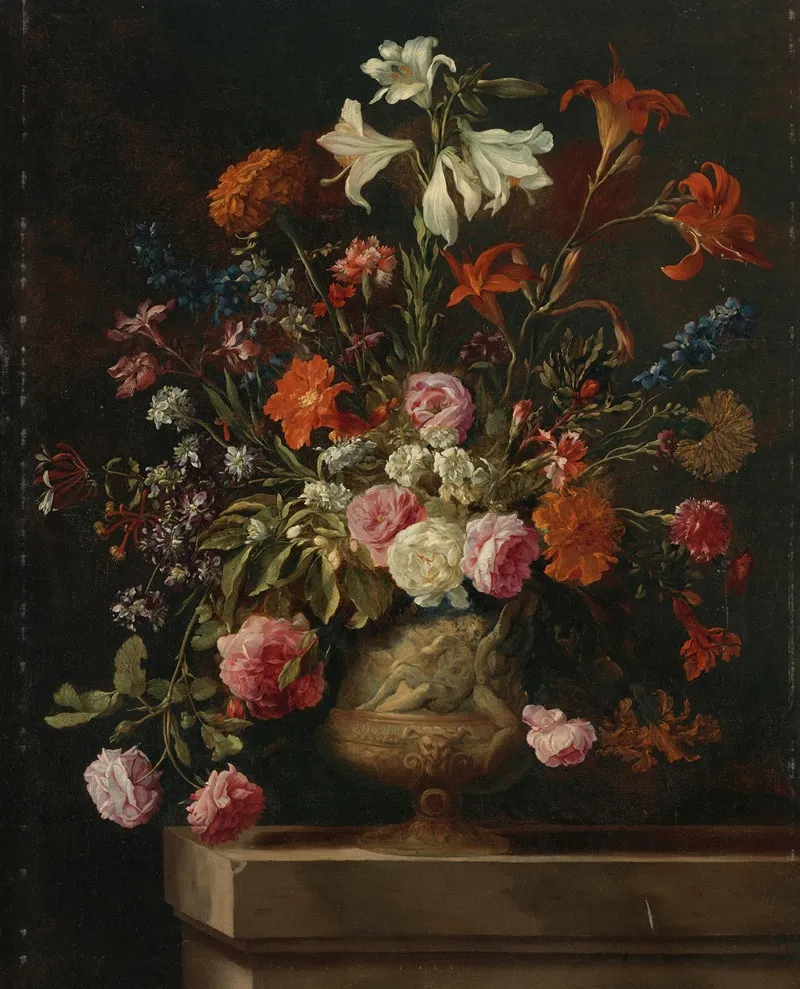 Lilies Carnations Roses And Other Flowers In A Gilt Urn With Bas Relief On A Stone Ledge Wall Art by Mario Nuzzi - High-Resolution Digital Print